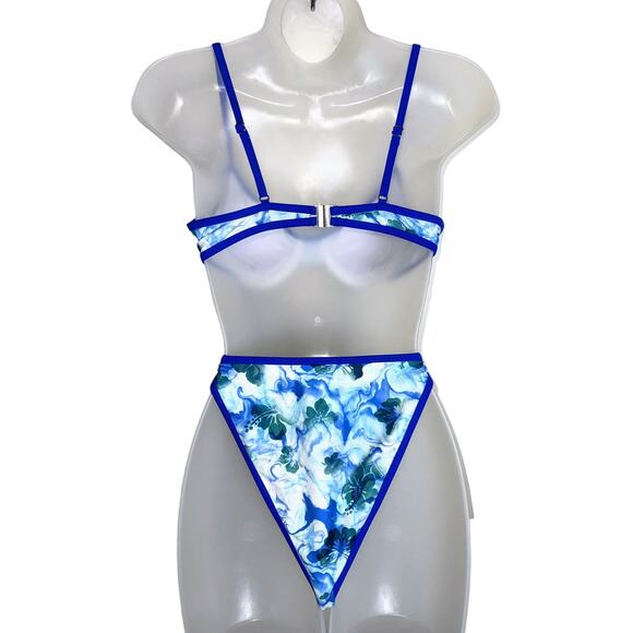 New Small Blue Floral Adjustable Bikini Swimsuit Set‎ Underwire Balconette Retro - Picture 5 of 6